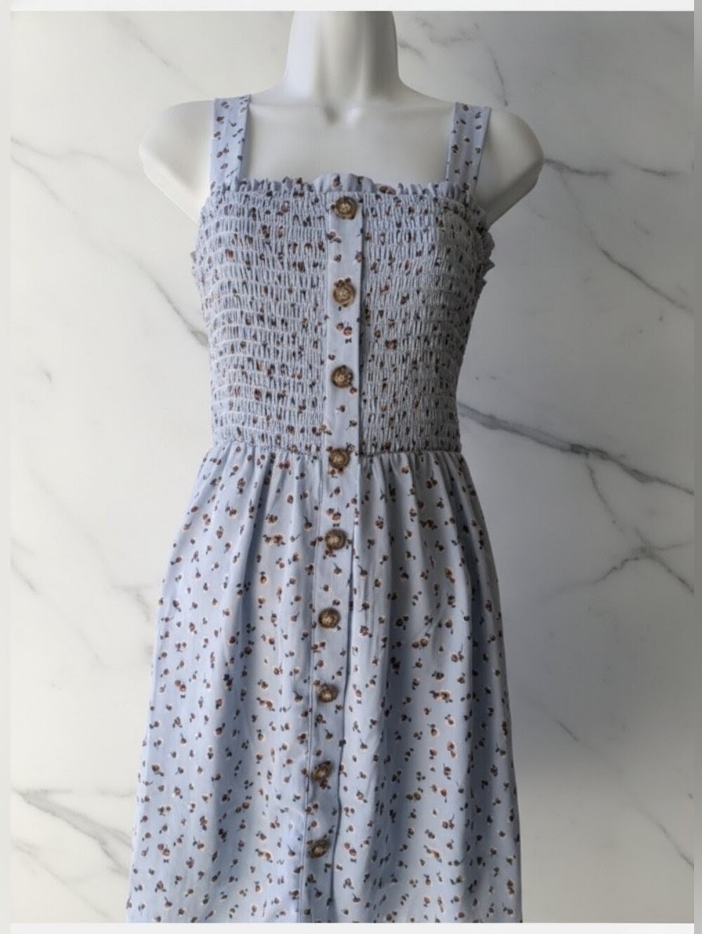 Sienna Sky smocked Light Blue Floral Midi Dress with Button Front